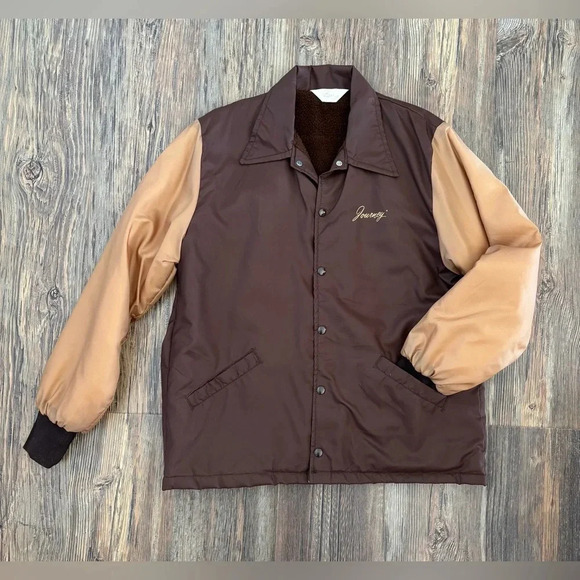 Vtg Gem Sportswear Jacket Men’s Lg Brown Tan “Journey” Fleece Lined Snap Buttons - Picture 1 of 9